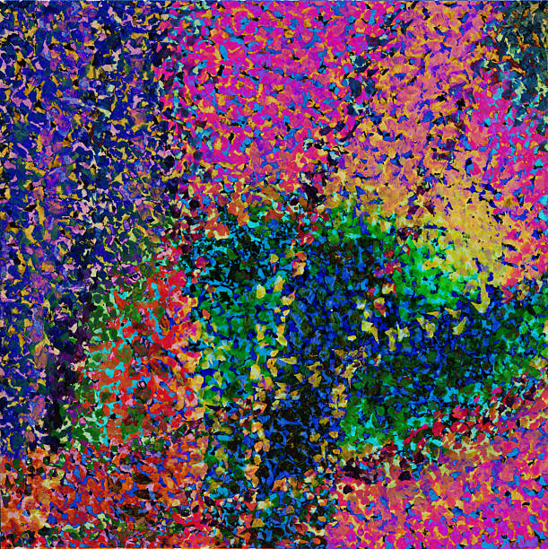 istock Pointillistic abstract background with red, orange, yellow and blue neon paint spots. Hand-drawn illustration, Psychedelic drawing 2253491953