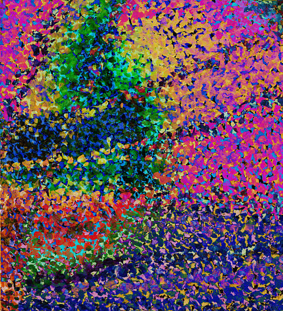istock Pointillistic abstract background with red, orange, yellow and blue neon paint spots. Hand-drawn illustration, Psychedelic drawing 2253492687