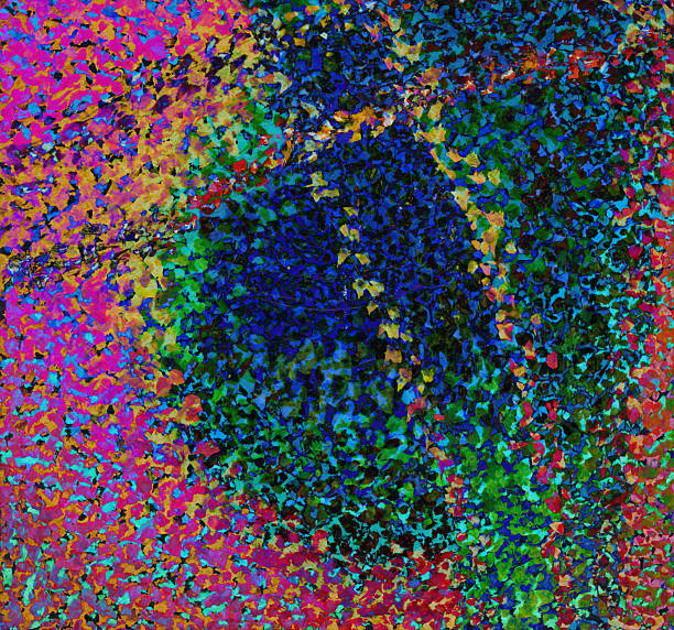istock Pointillistic abstract background with red, orange, yellow and blue neon paint spots. Hand-drawn illustration, Psychedelic drawing 2253492793