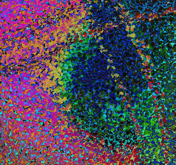 istock Pointillistic abstract background with red, orange, yellow and blue neon paint spots. Hand-drawn illustration, Psychedelic drawing 2253492806