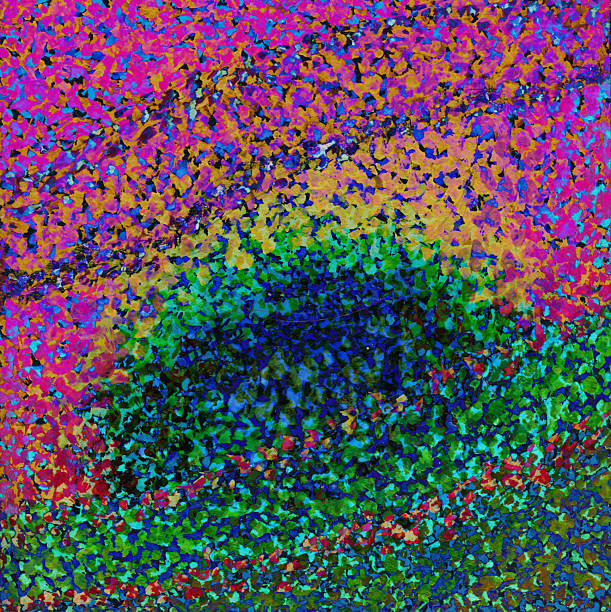 istock Pointillistic abstract background with red, orange, yellow and blue neon paint spots. Hand-drawn illustration, Psychedelic drawing 2253493166