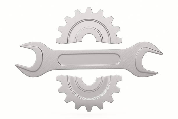 Gear and wrench on white background. Isolated 3D illustration