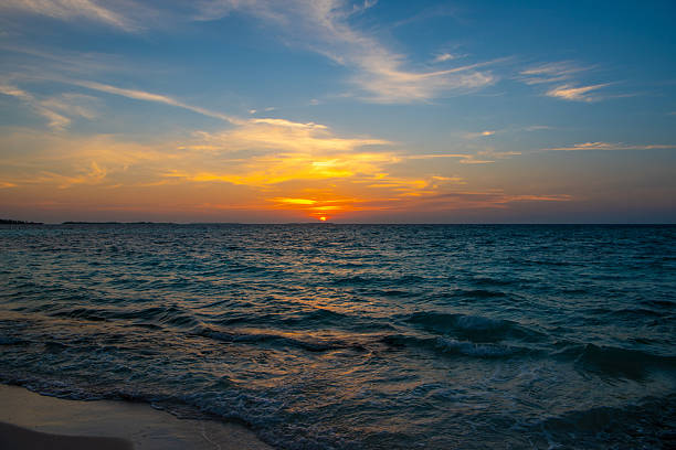 Amazing Maldivian Sunset. The vibrant turquoise water of the shallow lagoon blends seamlessly into the crystal-clear water of the deep Indian Ocean. An idyllic view of a remote tropical island in the Maldives, featuring lush green palm trees fringed by pristine white sands.
