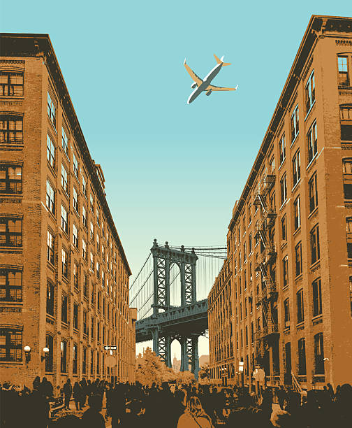 Vector cityscape with New York City, Manhattan Bridge, cityscape, buildings and passenger plane. Image of the USA. T-shirt design, signboard, tourist brochure, for travel postcard.
