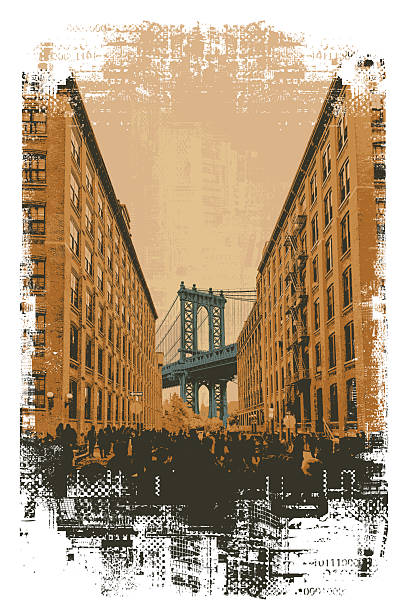 Vector banner with New York City, Manhattan Bridge, cityscape, buildings in grunge urban stile. Image of the USA. T-shirt design, signboard, tourist brochure, or travel postcard.
