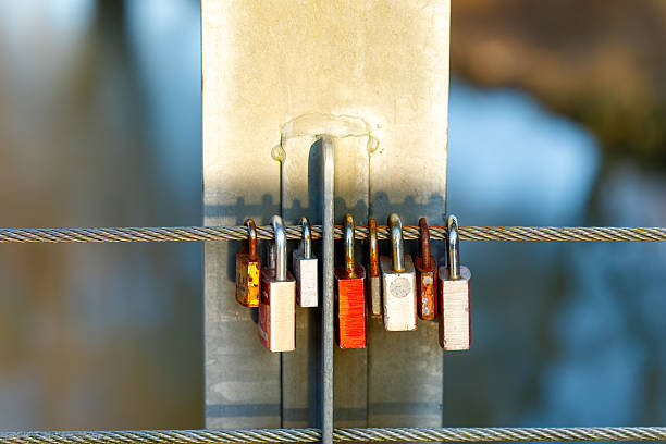 Padlocks on a metal cable showing symbols of forever love and friendship