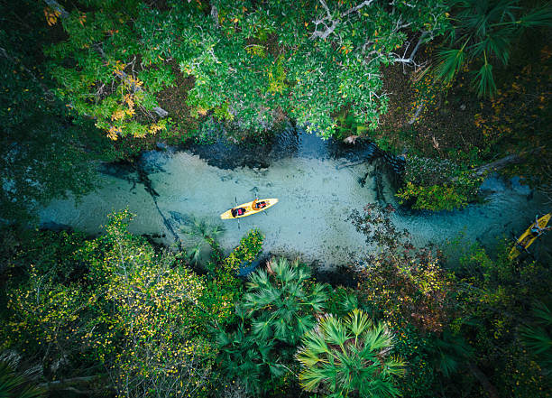 istock Couple Kayaking Florida Springs - High Angle Drone -  Freshwater River 2253526833