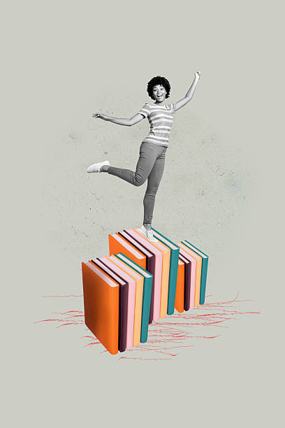 Collage of smiling young student standing confidently beside stack of book symbolizing study knowledge education.