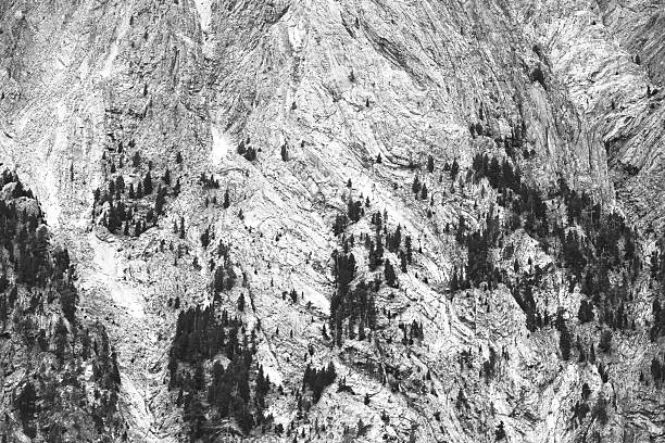 A rugged mountain landscape with rocky terrain and scattered trees, captured in black and white
