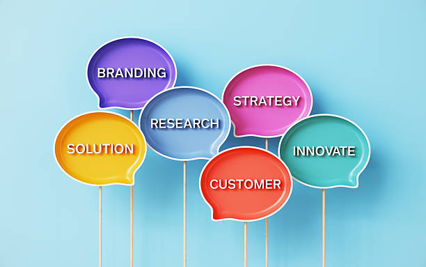 istock Texts About Marketing on Colorful Speech Bubbles Over Blue Background 2253534494