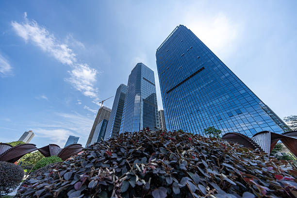 Looking up at the city's skyscrapers from below