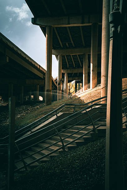 A cinematic, low-angle shot of a concrete staircase with metal handrails winding through a landscaped embankment under a massive highway interchange.
