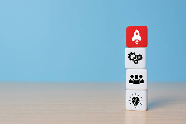 istock Business process management, Dice with business strategy and rocket icon, copy space 2253543026