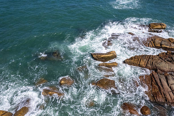The waves crashed against the rocks, whipping up spray.