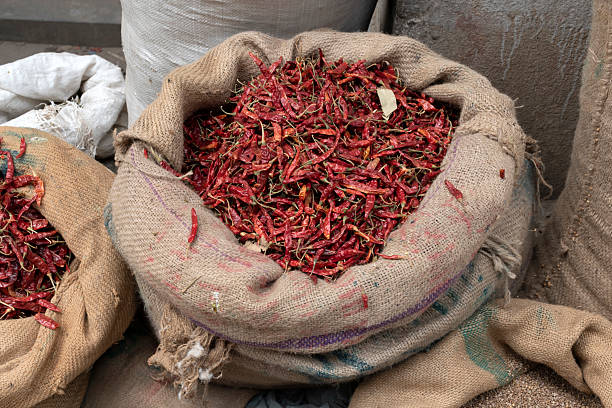 istock Dried Indian chilli in sack for sell in market 2253544995