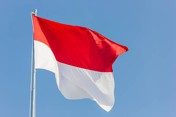 istock Indonesia national flag waving with blue sky background 2253545633