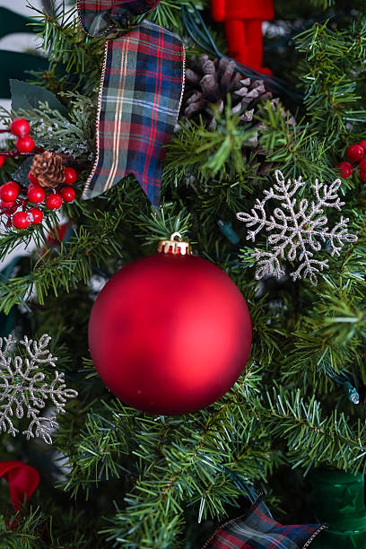istock Christmas tree decorating with red ornament and snowflake 2253551512