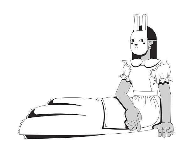 Girl in bunny mask sitting in frilly dress with apron 2D line character. Surreal outfit. Fantasy fairytale. Rabbit masked woman isolated vector ink outline person. Monochromatic spot illustration