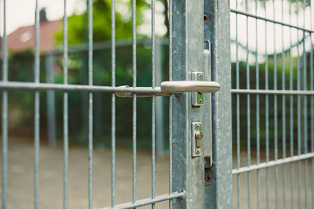 istock This is a CloseUp Image Featuring a Silver Metal Gate That Includes a Lock and Latch Mechanism, Surrounded by Lush Greenery Perfect for Visual Concepts Related to Security and Access Control 2253562466