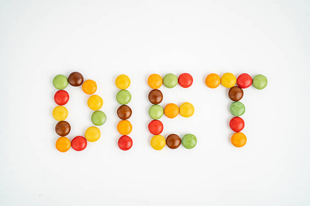 Colorful candies on a white background form the word diet.