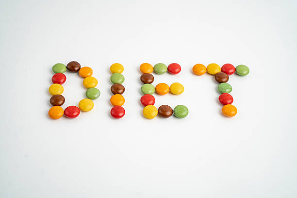 Colorful candies on a white background form the word diet.