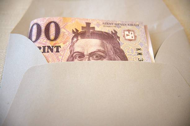 Hungarian number 10000 forint banknote placed inside an envelope. Close-up financial and payment concept.