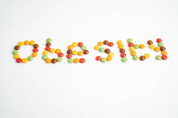 Colorful candies on a white background form the word obesity