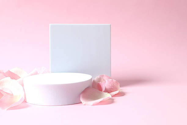 istock Pink rose petals with podiums on a color background 2253567158