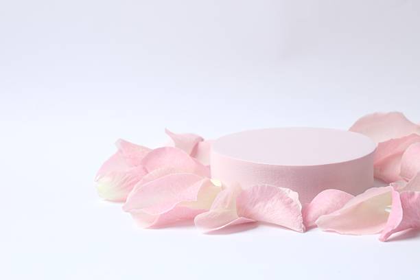 istock Pink rose petals with podium on white background 2253567426