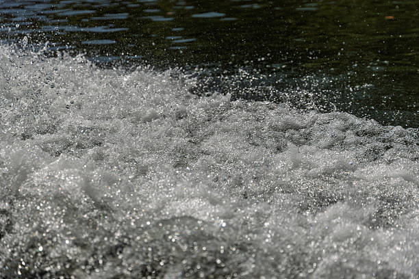Dynamic shot of bubbling, sparkling foam spreading across water surface; sunlight reflecting off droplets, contrasting with dark, calm background water