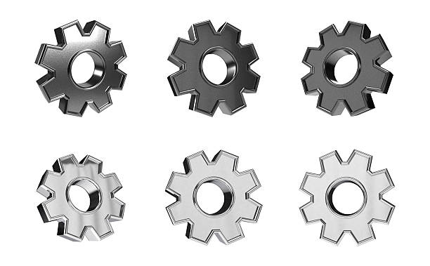 set of  3d chrome silver metal gears icon