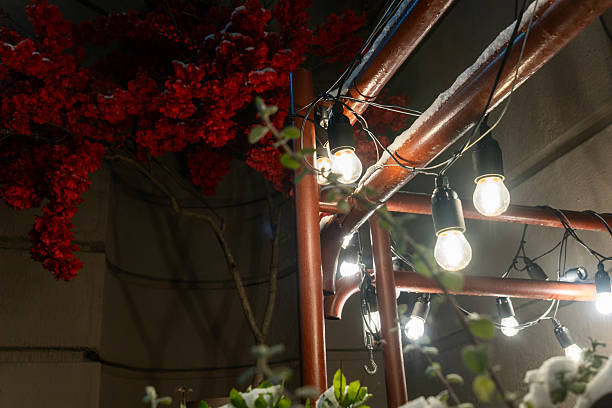 Snowy railing with string lights and winter plants. Festive winter night with glowing bulbs and snow covered plants creating a magical outdoor ambiance