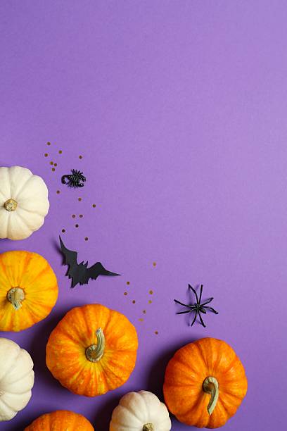 istock Halloween holiday decorations including pumpkins, spiders, bats on color background 2253570931