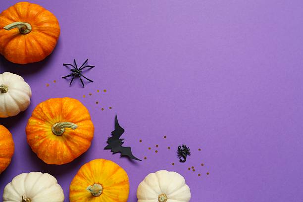 istock Halloween holiday decorations including pumpkins, spiders, bats on color background 2253570933