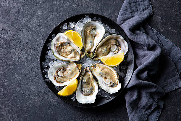 istock Fresh oysters on ice with lemon slices, elegant seafood presentation. Grey background. Close up. Top view. 2253571321