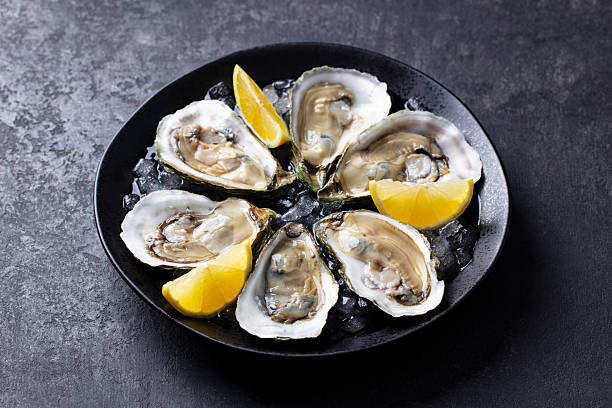 istock Fresh oysters on ice with lemon slices, elegant seafood presentation. Grey background. Close up. 2253571820