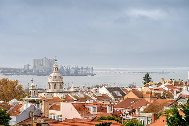 Lisbon Portugal December 07 2025. Lisbon rooftops and a church dome overlook the Tagus River with industrial port structures visible across the water.