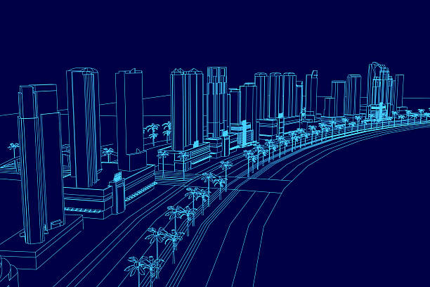 istock A city blueprint contour features tall buildings and palm trees against a dark blue background. 2253577008
