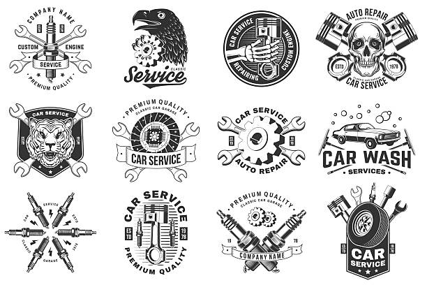 Auto service logo, emblems, badges and icons. Vector. For expert service car repair center, restoration and car club with wrench, gears, spark plug, skull, automobile tools pistons silhouette.