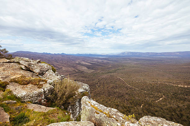 The view from Reeds Lookout and fire tower over bushfire burnt landscape in the Grampians, Victoria, Australia