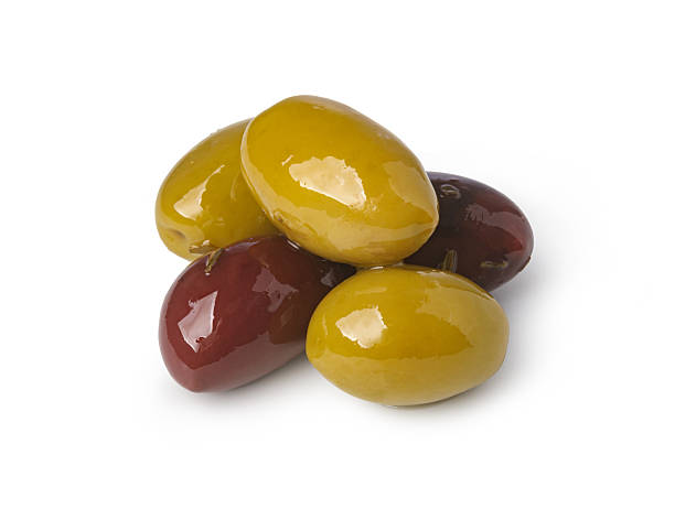 istock Marinated green and kalamata olives on white background 2253589664
