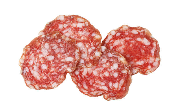 istock Salami slices cured meat appetizer on white background 2253590867
