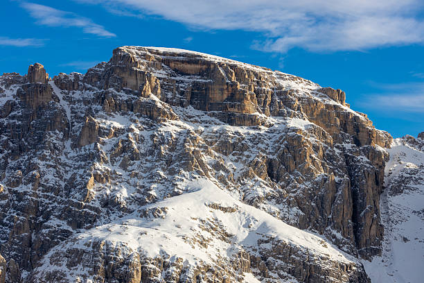 Winter Dolomites mountain landscape with snow covered peaks, alpine ridges, and rocky formations in northern Italy. Cold season environment showing high altitude terrain, dramatic geology, winter travel destination, outdoor nature background, and European Alps scenery