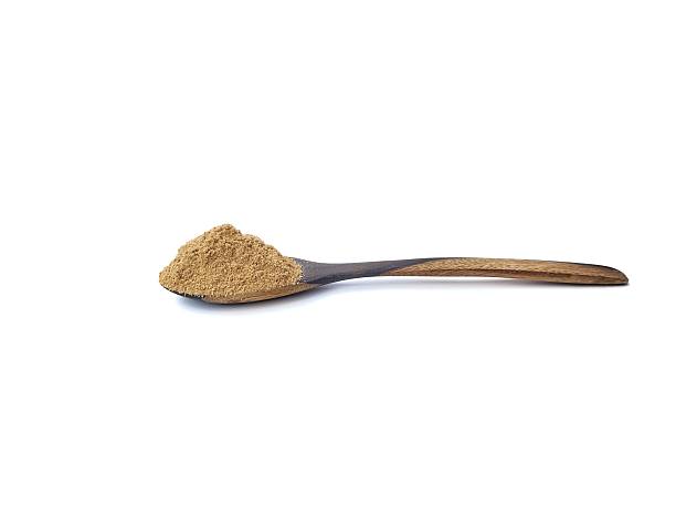 istock Ground ginger powder on a wooden spoon isolated on white background 2253593813