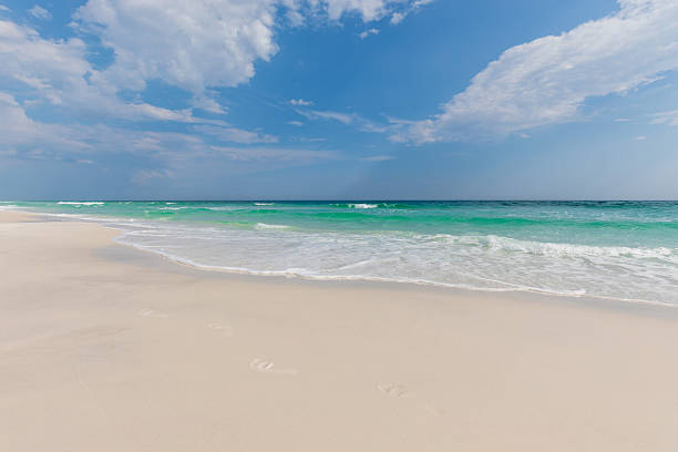 Serene tropical beach with white sand, turquoise ocean waves, and blue sky with soft clouds.