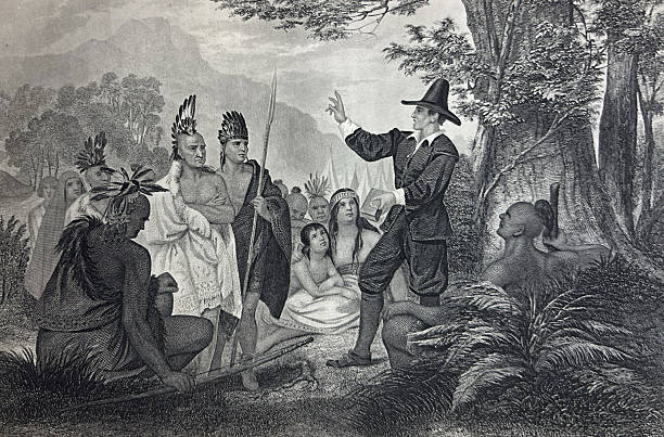 Antique illustration pre 1900 - missionary preacher talking to Indigenous North Americans