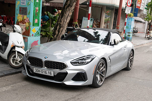 HANOI , VIETNAM -  27 JULY , 2024: Parked silver-gray convertible bmw Z4 M40,This is a very expensive car for Vietnam.