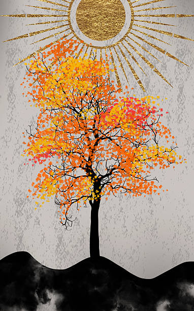 istock Vertical Illustration decorative wallpaper canvas art. 3d orange tree and sun with black mountain on gray background. 2253602648