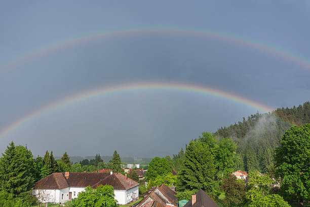 Double rainbow arches over lush green village.