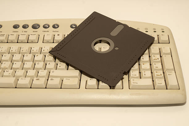 Vintage colored floppy disks. Old technologies. Selective focus. Low DOF